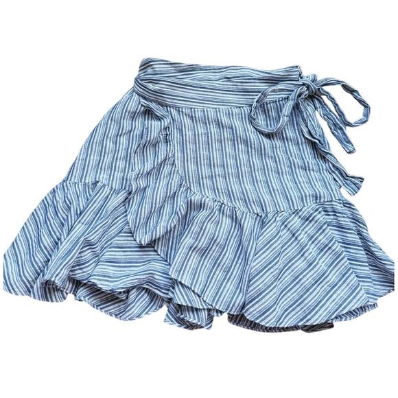 Rebecca Taylor Blue White Striped Cotton Ruffled Wrap Skirt 6 Coquette Coastal - Picture 2 of 9